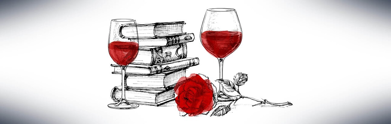 Drawing of books, wine glasses, a rose